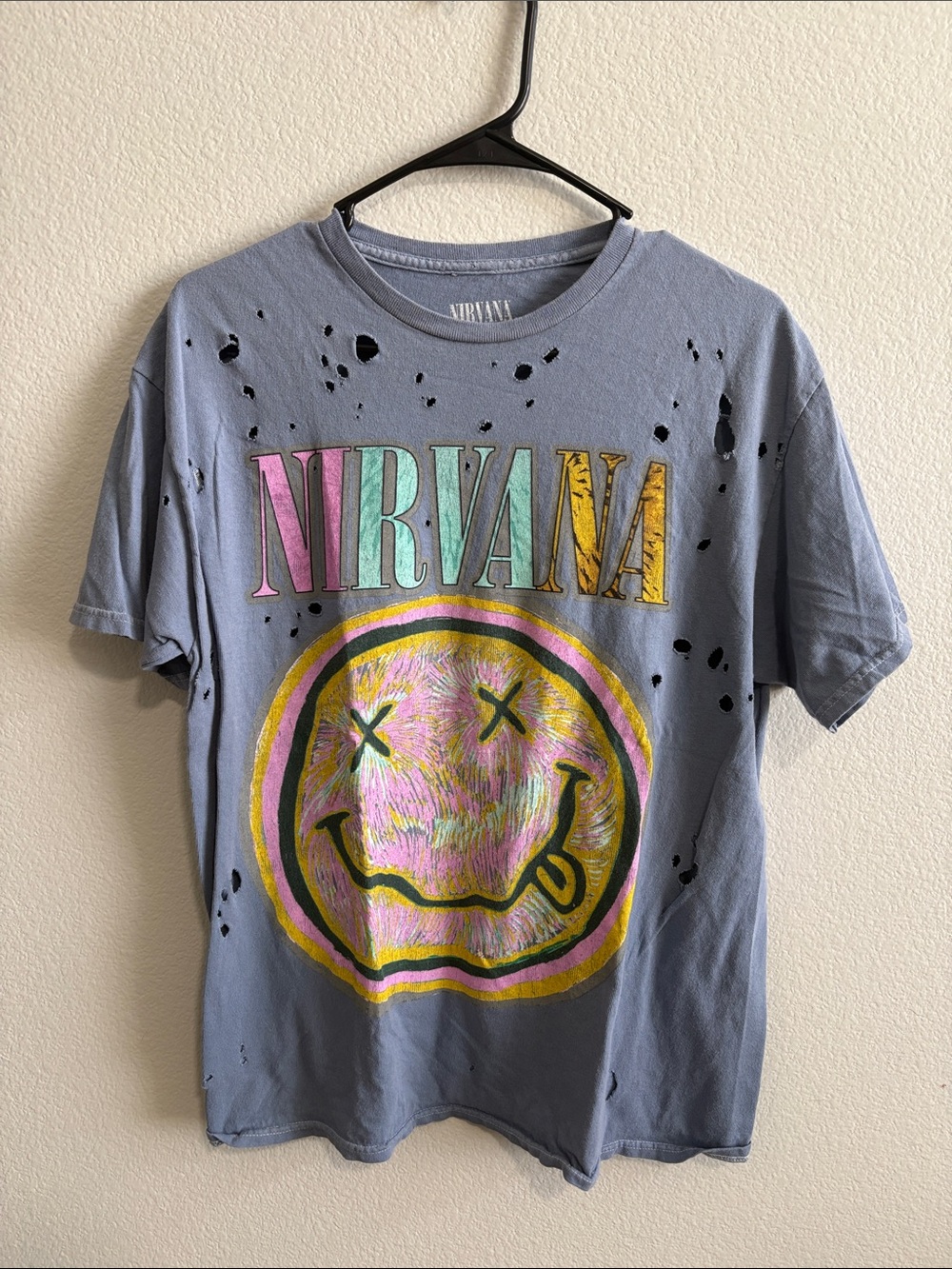 NIRVANA Pastel Smiley Band Tee - Blue with Pink, Yellow, Green